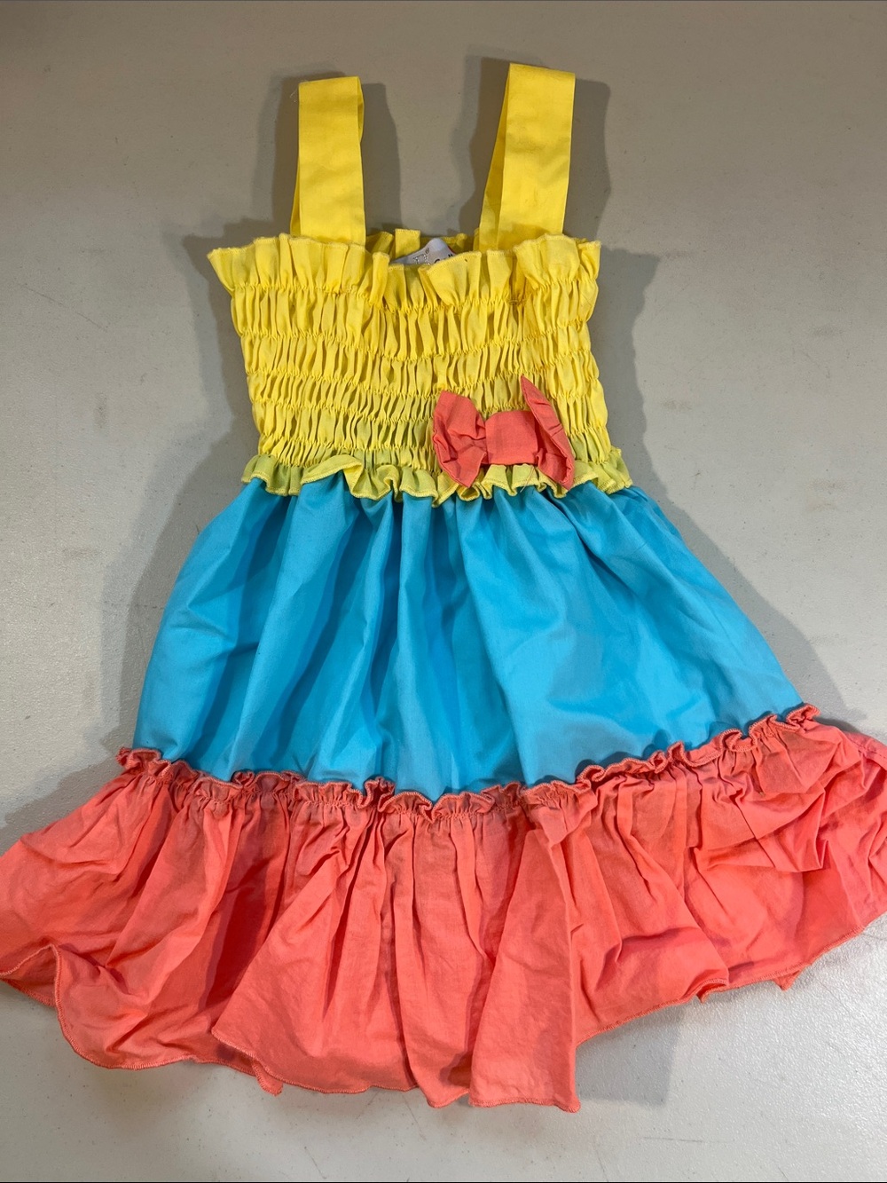 Smocked Yellow, Blue & Coral Ruffle Dance Dress with Bow